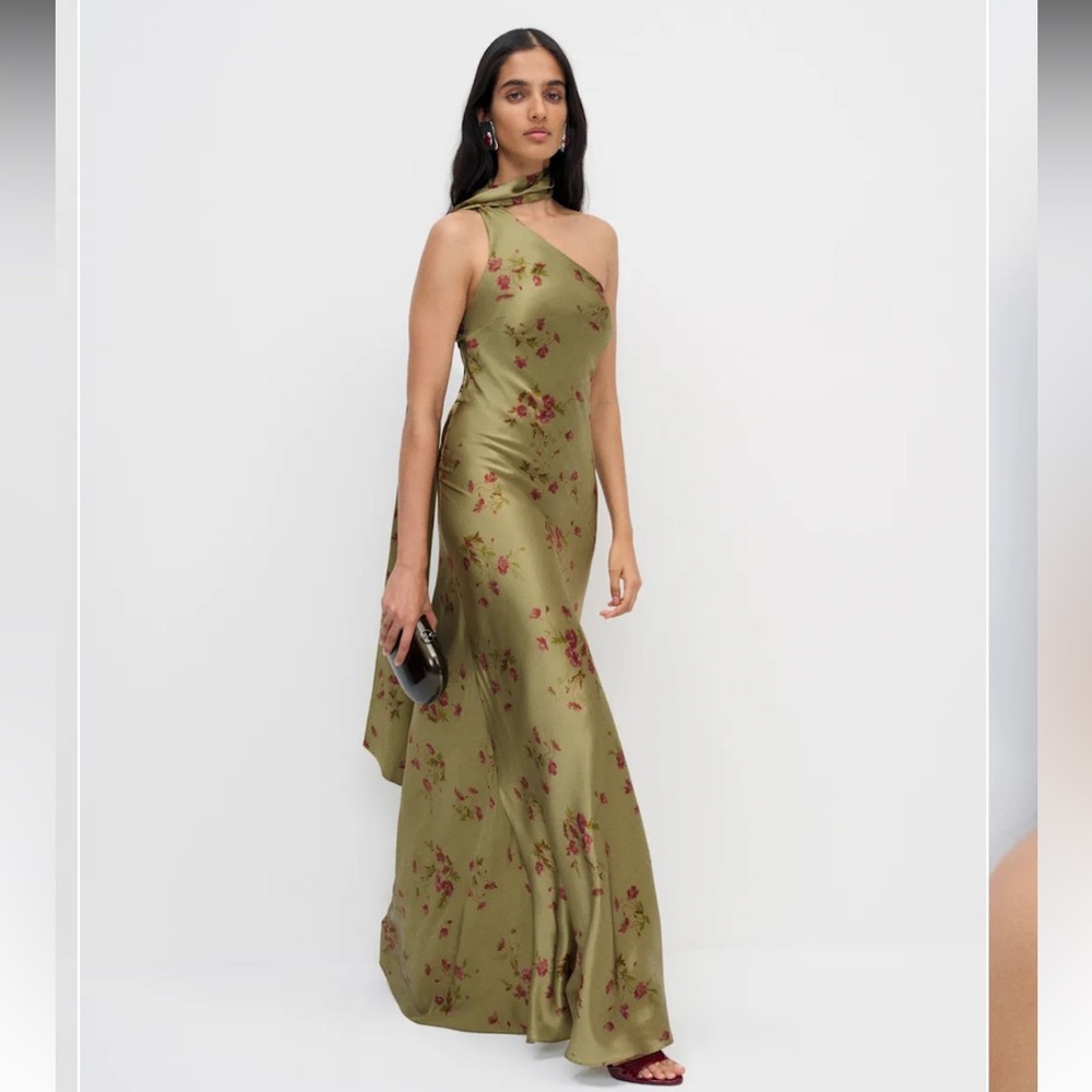 Reformation Jazzlyn Dress Green Silk Desi Olive One-Shoulder Floral Evening 0